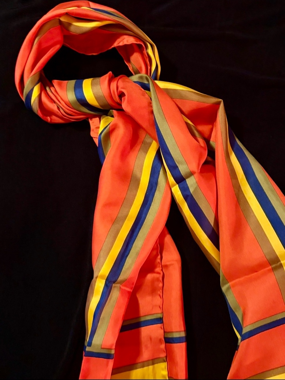 New Silk Echo Orange Striped Scarf with Blue and Yellow Accents